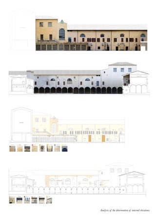macchiacolaturaabrasionecorrosionedeposito
superﬁciale
bruciatura tinta
a calce
decoesionerigonﬁamentofronte di risalitaassenza
manutenzione
cavilaturadistacco
rappezzo
incongruo
dilavamento
macchiacolaturaabrasionecorrosionedeposito
superﬁciale
bruciatura tinta
a calce
decoesionerigonﬁamentofronte di risalitaassenza
manutenzione
cavilaturadistacco
rappezzo
incongruo
dilavamento
Analysis of the deterioration of internal elevations
 
