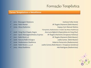 Formação Terapêutica
 2010 - Massagem Redutora Instituto Folha Verde
 2009 - Reiki Master Mª Ângela Chiamenti (Reiki Master)
 2009 - Mesa Radionica Espaço Zym Manoel Mattos
*(Arquiteto, Radiestesista e Criador das Mesas Radiônicas)
 2008 - Feng Shui Chapéu Negro Ana Lucia Bighetti (Especialista em Feng Shui)
 2007 - Quick Massagem/Shiatsu Express Mª Ângela Chiamenti (Terapeuta Holística)
 2007 - Reiki Nível 3.A Mª Ângela Chiamenti (Reiki Master)
 2006 - Karuna Reiki Cirúrgico Judite Gomes (Reiki Master)
 2006 - Radiestesia e Radiônica Roberto Pantarotto (Radiestesista)
 2006 - Reiki Níveis 1, 2, 3.A Judite Gomes (Reiki Master e Terapeuta Xamânica)
 2005 - Mesa Radiônica Inês Rodrigues (Radionicista)
Cursos Terapêuticos e Metafísicos
 