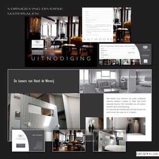 vo r m g e v i n g d i ve r s e
                                                                                                             Bedrijf: ..............................................................................................................

m at e r i a l e n                                                                                           Naam: ...............................................................................................................
                                                                                                             Functie: ............................................................................................................
                                                                                                             Adres:................................................................................................................
                                                                                                             Postcode en woonplaats: .......................................................................
                                                                                                             E-mail adres: .................................................................................................

                                                                                                                   Zal met ................. personen aanwezig zijn tijdens de
                                                                                                                   secretaresseborrel op 25 september 2009 vanaf 17.00
                                                                                                                   uur in Hotel de Weverij.
                                                                                                                   Zal niet aanwezig zijn tijdens de secretaresseborrel.
                                                                                                                   Wenst op de hoogte gehouden te worden van onze
                                                                                                                   activiteiten.
                                                                                                             (Graag aankruisen wat van toepassing is)




                                                                                                                                                                                  kaartjes voor nieuwsbrief.indd 1                             30-Jun-10 12:10:55


                                uitnodiging 3 A4 dubbelgevouwen.indd 1                                                           27-8-2009 14:04:32




                                                    Jelle van Gangelen




                                                                 Oostwal 175
                                                                5341 KM Oss
 brochure weverij 2 LC.indd 4                              +31(0)412-694646       21-Sep-10 16:36:48   brochure weverij 2 LC.indd 5                                                                                                    21-Sep-10 16:36:56
                                                            www.deweverij.nl
                                                            info@deweverij.nl
                                                      www.restaurantcordial.nl
                                                      info@restaurantcordial.nl
 