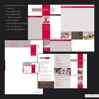 vo r m g e v i n g
- lo g o
- huisstijl
- we b s i te
( + b o u we n )
- folder
- a dve r t e n t i e
- p l a c e m at
- uitnodiging




    K VK: 1728 4028
    BT W: NL 090659612 B01
    ABN/AMRO: 4315.86.217
    INFO@WERKCAFFEEOSS.NL
    W W W.WERKCAFFEEOSS.NL




                                                                   O
                                                  menukaart 2.indd 1
                                                                           202                                                                                                                                        8-4-2011 9:45:26



                                                                   5341 KS OSS
                                                                   0412-634748
                                                                                                                  contact & meer informatie
                                                                                                                  WERK c     ﬀ Oss
                                                                                                                  Oostwal 202
                                                                                                                  5341 KS OSS
                                                                                                                  0412-634748
                                                                                                                  info@werkcaﬀeeoss.nl
                                                                                 E r sc       r ig mg v ng        www.werkcaﬀeeoss.nl

                                                                                 F nc i n  sf v ng r c            openingstijden
                             INF O @ W E R K C A F F E E OSS.NL
                                                                                 V r r n m rs, rkg v rs           maandag t/m vrijdag: 9.00 tot 18.00 uur
                                                                                   r k nd                         koopavond: tot 21.00 uur
                             W W W.W E R K C A F F E E OSS.NL
                                                                                                                  zaterdag/ koopzondag: 10.00 tot 17.00 uur.                                          O        202
                                                                                 O t rk                           Voor het gebruik van ﬂexwerk- en vergaderruimtes is het mogelijk                    5341 KS OSS
                                                                                 O t rgad r     t r n             afwijkende openings- en sluitingstijden af te spreken.                              0412-63 47 48
                             Aggie Beerthuyzen                                   E   c tact t l
                             Zelfstandig HR adviseur
                             Eigenaar WERKcaffee                                 O  l i t   m
                             06-12935028                                         O sm k         gla s t       k
                             abcons@home.nl
                                                                                 E   z k j t nc

                                                                                 O    f rm i t     n
                                                                                 O   i w r k       t nd r k
                                                                                                                                                                                     V r       r n m rs,   rkg v rs
                                                                                 E         ac r   kn t    k                                                                                r      k nd
                                                                                                                  NS station
                                                                                                                  10 minuten lopen van/ naar station Oss.
                                                                                 O   rg s i -    r a vi t rag
                                                                                 O    r n s i t a t ied           Parkeren/ fiets
                                                                                                                  Bewaakte, gratis ﬁetsenstalling tegenover het WERK-
                                                                                 E       r    n o t d             caﬀee.

                                                                                 K rt ,         f nc i n l l      Parkeren/ auto
                                                                                                                  Nabijgelegen parkeergarages:
                                                                                 Wa r WERK a ng na c ra ta .      ▪ Bergoss
                                                                                 D s WERKc ﬀ O                    ▪ Oostwal/ BCC
                                                                                                                  Nabijgelegen parkeerterreinen:
                                                                                                                  ▪ Oostwal
                                                                                 z k j , sf v & Sm k j            ▪ Kazernestraat
 