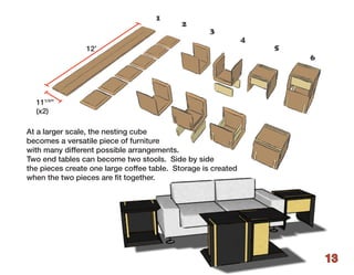 1
                                            2
                                                    3
                                                               4
                 12’                                               5
                                                                       6




  111/4”
  (x2)

At a larger scale, the nesting cube
becomes a versatile piece of furniture
with many different possible arrangements.
Two end tables can become two stools. Side by side
the pieces create one large coffee table. Storage is created
when the two pieces are fit together.




                                                                           13
 