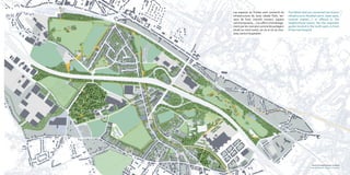 The fallow land are converted into leisure 
infrastructure (football pitch, skate park, 
covered market,…) or offered to the 
neighborhood layout, like the vegetable 
garden located in the north-west, in front 
of the new hospital. 
carte du projet de parc 1/10000 
map of the park’s project 1/10000 
Les espaces en friches sont convertit en 
infrastructure de loisir (skate Park, ter-rains 
de foot, marché couvert, espace 
communautaire,…) ou offert à l’aménage-ment 
par les riverains comme les potagers 
situés au nord-ouest, en vis-à-vis du nou-veau 
centre hospitalier. 
28 29 
 