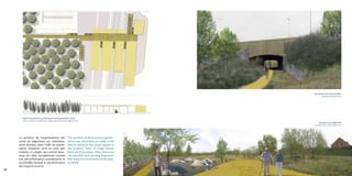 plan et coupes de la nouvelle gare et de la passerelle 1/1000 
plan and section of the new station and the cycle bridge 1/1000 
La question de l’augmentation des 
zones de logements est volontaire-ment 
écartée, dans l’idée de préser-vation 
d’espaces verts en zone péri 
urbaine, ici Lièges, qui comme beau-coup 
de villes européennes connaît 
une périurbanisation grandissante et 
incontrôlée menant à une diminution 
des espaces ouverts. 
The question of the housing augmen-tation 
was voluntarily put aside in the 
idea to preserve the green spaces in 
the outskirt, here, in Liege which, 
like a lot of European cities, knows an 
uncontrolled and uprising expansion 
that leads to a diminution of the qual-ity 
of life. 
perspective des voies cyclabes 
perspectives bikeways 
perspective du skate park 
perspectives of the skate park 
30 31 
 