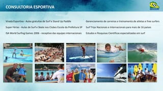 CONSULTORIA ESPORTIVA
Virada Esportiva - Aulas gratuitas de Surf e Stand Up Paddle

Gerenciamento de carreiras e treinamento de atletas e free surfers

Super Férias - Aulas de Surf e Skate nos Clubes Escola da Prefeitura SP

Surf Trips Nacionais e Internacionais para mais de 16 países

ISA World Surfing Games 2006 - receptivo das equipes internacionais

Estudos e Pesquisas Científicas especializadas em surf

 