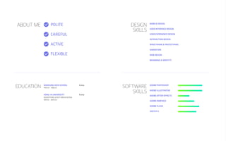 EDUCATION
Design
SKILLS
1993.02 - 1996.02
1997.03 - 2003.02
NAMSUNG HIGH SCHOOL
MOBILE DESIGN
USER INTERFACE DESIGN
USER EXPERIENCE DESIGN
INTERACTION DESIGN
WIRE FRAME & PROTOTYPING
ANIMATION
WEB DESIGN
BRANDING & IDENTITY
HONG-IK UNIVERSITY
ADVERTISING & MUTI-MEDIA DESIGN
About me polite
careful
active
flexible
SOFTWARE
SKILLS
ADOBE PHOTOSHOP
ADOBE ILLUSTRATOR
ADOBE AFTER EFFECTS
ADOBE INDESIGN
ADOBE FLASH
SKETCH 3
Korea
Korea
 