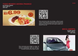 TODO MUNDO ADORA FRANGO
QG JEITINHO CASEIRO
PEÇA: FILME 15’’
ANO: 2012

Filme promocional criado para divulgar a oferta do prato
“Filé de Frango Grelhado” da rede de fast-food QG Jeitinho
Caseiro. O comercial carregava o bom humor e contou com
personagens irreverentes, que tinham alguma relação com o
produto no dia a dia.

BOCA ABERTA

CITROËN LIBERTÉ
PEÇA: FILME 30’’
ANO: 2008

Filme promocional para divulgar os preços de
carros da concessionária Citroën em Goiânia. O
comercial protagonizado pela atriz Lara Brito,
consolidou a parceria entre Inédita e Liberté.

 