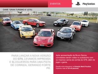AtivAção
LANÇAMENTO DO GOD OF WAR ASCENSION
PARA LANÇAR A NOVA VERSÃO
DO GT6, LEVAMOS IMPRENSA
E BLOGUEIROS PARA UMA PISTA
DE CORRIDA, GERANDO FORTE PR.
Após apresentação de Bruno Senna,
convidados deram voltas no autódromo
com os mesmos carros de corrida do GT6,
além de jogar o game.
Desafio entre blogueiros na Estação Metrô Paulista
impactou mais de 20 mil pessoas.
EVENTOS
GAME “GRAN TURISMO 6” (GT6)
 