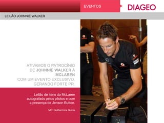 CONVENÇÃO DE VENDAS DIAGEO
EvEntos
ATIVAMOS O PATROCÍNIO
DE JOHNNIE WALKER À MCLAREN
COM UM EVENTO EXCLUSIVO,
GERANDO FORTE PR.
Leilão de itens da McLaren
autografads pelos pilotos e com
a presença de Jenson Button.
MC: Guilhermina Guinie
EVENTOS
LEILÃO JOHNNIE WALKER
 
