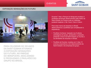 EVENTOS
Durante 7 dias o Parque do Ibirapuera
recebeu 4 pavilhões sensoriais desenvolvidos
pela matriz da Saint-Gobain na França onde
os visitantes puderem explorar o Ver, Ouvir,
Criar e Colorir.
Para esse marco da empresa no Brasil,
desenvolvemos 2 pavilhões que
completavam a experiência:
•  Pavilhão Conhecer: baseado nos 6 pilares
estratégicos do grupo, apresentou o
passado, presente e futuro da Saint-Gobain
no mundo e as atividades da empresa no
Brasil.
•  Pavilhão de Eventos: recebeu em 3 dias 10
eventos corporativos e de relacionamento
da Saint-Gobain e de empresas do grupo.
PARA CELEBRAR OS 350 ANOS
DA SAINT-GOBAIN ATIVAMOS
A EXPOSIÇÃO SENSAÇÕES
DO FUTURO, NO PARQUE
DO IBIRAPUERA, IDEALIZANDO
E PRODUZINDO 2 PAVILHÕES DO
GRUPO NO BRASIL.
EXPOSIÇÃO SENSAÇÕES DO FUTURO
 