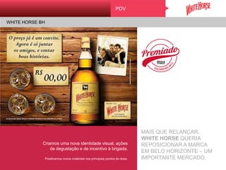 WHITE HORSE – CAVALARIA ALVINEGRA
AtivAçãoPDV
WHITE HORSE BH
MAIS QUE RELANÇAR,
WHITE HORSE QUERIA
REPOSICIONAR A MARCA
EM BELO HORIZONTE – UM
IMPORTANTE MERCADO.
Criamos uma nova identidade visual, ações
de degustação e de incentivo à brigada.
Positivamos novos materiais nos principais pontos de dose.
 