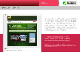 UMA ESTRATÉGIA OUSADA DURANTE
O SORTEIO DOS GRUPOS DA COPA
2014: ASSIM QUE ERAM DEFINIDAS
AS CIDADES ONDE AS 31 SELEÇÕES
JOGARIAM, FILMES ON-LINE FORAM
EXIBIDOS NESTES PAÍSES.
31 vídeos narrados por cidadãos
destes países, que vivem no Brasil,
mostrando as atrações da região.
Força-tarefa com o Google na agência, endereçando
vídeos e mídia displays para os principais portais de cada
país em tempo recorde.
DIGITAL
EMBRATUR – SORTE SUA
 