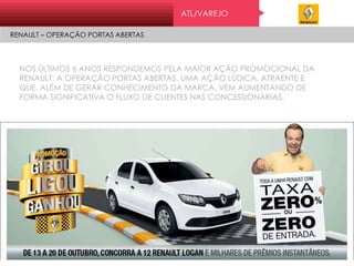 ATL/VAREJO
RENAULT – OPERAÇÃO PORTAS ABERTAS
NOS ÚLTIMOS 6 ANOS RESPONDEMOS PELA MAIOR AÇÃO PROMOCIONAL DA
RENAULT: A OPERAÇÃO PORTAS ABERTAS. UMA AÇÃO LÚDICA, ATRAENTE E
QUE, ALÉM DE GERAR CONHECIMENTO DA MARCA, VEM AUMENTANDO DE
FORMA SIGNIFICATIVA O FLUXO DE CLIENTES NAS CONCESSIONÁRIAS.
 