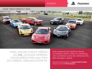 PARA LANÇAR A NOVA VERSÃO
DO GT6, LEVAMOS IMPRENSA
E BLOGUEIROS PARA UMA PISTA
DE CORRIDA, GERANDO FORTE PR.
Após apresentação de Bruno Senna,
convidados deram voltas no autódromo
com os mesmos carros de corrida do GT6,
além de jogar o game.
Desafio entre blogueiros na Estação Metrô Paulista
impactou mais de 20 mil pessoas.
EVENTOS
GAME “GRAN TURISMO 6” (GT6)
 