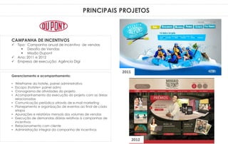 PRINCIPAIS PROJETOS
Gerenciamento e acompanhamento:
• WireFrame do hotsite, painel administrativo
• Escopo (hotsite+ painel adm)
• Cronograma de atividades do projeto
• Acompanhamento da execução do projeto com as áreas
relacionadas
• Comunicação periódica através de e-mail marketing
• Planejamento e organização de eventos ao final de cada
etapa
• Apurações e relatórios mensais dos volumes de vendas
• Execução de demandas diárias relativas à campanhas de
incentivos
• Relacionamento com cliente
• Administração integral da campanha de incentivos
CAMPANHA DE INCENTIVOS
 Tipo: Campanha anual de incentivo de vendas
 Desafio de Vendas
 Missão Dupont
 Ano: 2011 e 2012
 Empresa de execução: Agência Digi
2011
2012
 