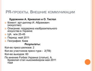 PR-ПРОЕКТЫ. ВНЕШНИЕ КОММУНИКАЦИИ
    Художники А. Криволап и О. Тистол
 Клиент: арт-диллер И. Абрамович
  (искусство)
 Описание: поддержка изобразительного
  искусства в Украине
 ЦА: м/ж 25-45
 Период: май 2011
 География: Киев
                Результаты:
Кол-во пресс-релизов: 2
Кол-во участников пресс-тура - 2(ТВ)
Кол-во выходов: 60
По мнению Forbes Украина (статья), А.
  Криволап стал ньюсмейкером мая 2011
  года
 