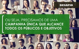 DESAFIO

OU SEJA, PRECISAMOS DE UMA
CAMPANHA ÚNICA QUE ALCANCE
TODOS OS PÚBLICOS E OBJETIVOS

 
