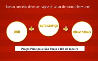 Nosso conceito deve ser capaz de atuar de forma efetiva em:

AUTO SERVIÇO	
  

OOH	
  

MÍDIAS SOCIAIS	
  

Praças Principais: São Paulo e Rio de Janeiro

 