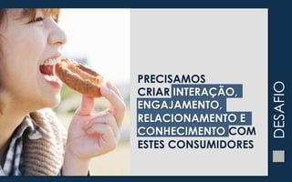 DESAFIO

PRECISAMOS
	
  	
  
CRIAR INTERAÇÃO,
	
  	
  
ENGAJAMENTO,
	
  	
  
RELACIONAMENTO E
	
  	
  
CONHECIMENTO COM
ESTES CONSUMIDORES

 