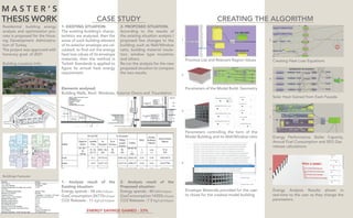 M A S T E R ’ S
THESIS WORK
Residential building energy
analysis and optimization pro-
cess is proposed for the Hous-
ing Development Administra-
tion of Turkey.
The project was approved with
honerary grad. of 2021
Building Location Info:
1- EXISTING SITUATION:
The existing building’s charac-
teristics are analyzed, then the
areas of each building element
of its exterior envelope are cal-
culated, to find out the energy
heat loss values of its envelope
materials, then the method in
Turkish Standards is applied to
figure its annual heat energy
requirement.
1- Analysis result of the
Existing situation:
Energy spends : 58 kWh/m2year
GasConsumption:26770m3/year
CO2 Releases : 11 KgCo2/m2year
ENERGY SAVINGS GAINED : 33%
2- Analysis result of the
Proposed situation:
Energy spends : 40 kWh/m2year
GasConsumption:14355m3/year
CO2 Releases : 7.5 KgCo2/m2year
2- PROPOSED SITUATION:
According to the results of
the existing situation analysis I
proposed few changes to the
building; such as Wall/Window
ratio, building material insula-
tion, window type insulation
and others.
Re-run the analysis for the new
proposed situation to compare
the two results.
CASE STUDY CREATING THE ALGORITHM
Elements analysed:
Building Walls, Roof, Windows, Exterior Doors and Foundation
Province List and Relevant Region Values
1
2
3
4
8
7
6
5
Creating Heat Loss Equations
Solar Heat Gained from Each Façade.
Energy Performance, Boiler Capacity,
Annual Fuel Consumption and SEG Gas
release calculations
Energy Analysis Results shown in
real-time to the user as they change the
parameters.
Parameters of the Model Build. Geometry
Parameters controlling the form of the
Model Building and its Wall/Window ratio
Envelope Materials provided for the user
to chose for the created model building
Buildings Features:
 