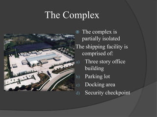 The ComplexThe complex is partially isolated The shipping facility is comprised of: Three story office buildingParking lotDocking areaSecurity checkpoint