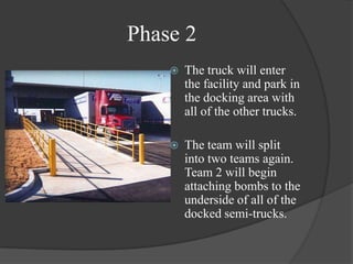 Phase 2The truck will enter the facility and park in the docking area with all of the other trucks.The team will split into two teams again. Team 2 will begin attaching bombs to the underside of all of the docked semi-trucks.