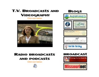 T.V. Broadcasts and        Blogs
    Videography
      Click icon below:




Radio broadcasts          broadcast
  and podcasts
      Click icon below:
 
