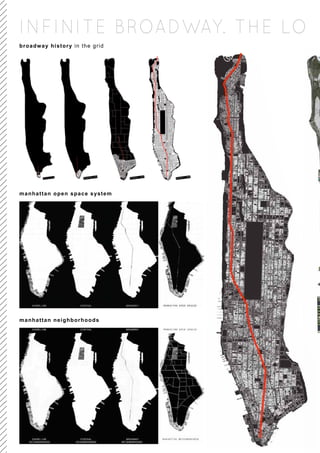 INFINITE BROADWAY. THE LO
broadway history in the grid




manhattan open space system




manhattan neighborhoods
 