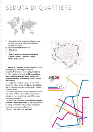 SEDUTA DI QUARTIE RE




P Organization of a neighborhood street party
  in order to improve the dialogue between
  citizens and artists
O Grammatiche Metropolitane
P Milan [Italy]
Y 2011
T Andrea Boschetti, Antonella Florence,
  Alberto Francini, Leopoldo Freyrie,
  Nicola Russi [tutors]




// ’Seduta di Quartiere’ can be defined as a real
street party as in the English ‘tradition’.
It was the first initiative promoted by NIL28 and
its thirty creative members: a 130 meters long
table, made by recycled wood, divided into
thirty single table for the thirty offices artistic
installations.
The long table occupied a public space in Via
Cadolini in Milan, during the ‘Salone del Mobile’,
one of the most important event in Milan, related
to design world.
The ‘Salone del Mobile’ usually takes place in the
city center of Milan, while ‘Seduta di Quartiere’
took place in a pheripherical area of Milan, as a
unconventional event.
The aim of the event was to start a new dialogue
between citizens and artists of the neighborhood
by sitting at the same table, eating, playing and
watching performances all together.
The only rule: take your own seat!
 