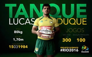 15031984
jogos
300
+ de + de
São José
100
seleção brasileira
peso
80kg
altura
nascimento
1,70m
#rio2016
Projeto Olímpico
 