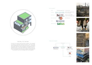 As part of my second year technical module, I was required
to contact an architect practice and ask to visit one of their
active building sites and document the process. I contacted
the London based firm Tasou Associates, who specialise in luxury
residential builds. I found this experience incredibly useful as I
learned all about the architect’s role in the construction process
which has enabled me to develop a deeper understanding of
the profession and how the design team works together.
Site Diary - TS2 - 2nd Year
56
This is a colour draw-
ing of the completed
building.
 