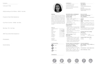 Adobe AutoCAD
Rhino
Revit
Vectorworks
Sketch-Up
Vray
InDesign
PhotoShop
Illustrator
Enscape
Illustration
Painting
Model Making
English
Arabic
French
100%
70%
25%
REFEREES
+447738232696 London
luciebarnes@me.com
https://www.linkedin.com/in/lucie-
barnes-b51645114/
EDU CATION
University of Westminster
(2017-PRESENT)
Architecture BA (Hons) - Graduating in
July 2020
Projects
3rd Year
DES3B - de(schooling) of an eco-
warrior
Designing a teaching space for an
existing school in South London to
help reconnect children and show the
importance of nature and the natural
environment.
Dissertation
How Can We Build and Live Sustainably
In Arid Climates? A Study of Masdar
City and The Sustainable City, UAE
Coulsdon Sixth Form College
(2015-2017)
A - Level Maths			
Extended Diploma DDD
Art + Design	 (Triple Distinction)
Croydon High School, GDST
5 GCSEs			 A* - C
6 iGCSEs		 A - B
ARCHITECTURAL EXPERIENCE
Daily Telegraph Young Architect of
the Year Finalist
2012
Art Scholarship - Croydon High School
Duke of Edinburgh - Bronze
Julian Williams
University Tutor
J.Williams@westminster.ac.uk
Jon Grant
Director at Chapman Taylor
jgrant@chapmantaylor.com
+442073713000
LANGU AGES
SKILLS
ACHIEVEMENTS
INTERESTS
CONTACT
OTHER WORK EXPERIENCE
John Lewis Partnership, London
(October 2014 - PRESENT)
Selling/Supermarket Assistant
This role has enabled me to develop
strong teamwork skills, as well as
learning how to interact with a
variety of different people. I have also
developed strong selling techniques.
Chapman Taylor, London
(January 2020)
Apprenticeship
Helped submit drawings on a
project at RIBA stage 3
Worked on a refurbishment of
an existing office space with the
interiors team
Revit beginners course
Tasou Associates, London
(August 2015)
Apprenticeship
Photographed and photoshopped
images of their completed River
Street project (London, EC1) for
their internal catalogue.
Visited clients who were planning
home extensions
Drew up existing plan of one of the
clients homes in AutoCAD
ARUP Associates, London
(July 2014)
Apprenticeship
I was given a brief to design a public
building for Fitzroy Square, London.
Learnt to render on Vray and Revit
I had the opportunity to present my
design to the architectural team
where I gained presentation skills.
Flying trapeze Circus acrobatics Fine art Photography Tennis Golf
PROFILE
I am an efficient and self motivated
student currently studying in my third
year of my RIBA Part I Architecture de-
gree at the University of Westminster.
During my studies so far, I have devel-
oped a keen interest in green archi-
tecture. I have also spent my spare
time during my studies learning Arabic
to a good conversational level, with
the intention of relocating to the Mid-
dle East.
Contents
Curriculum Vitae
(De)Schooling an Eco-Warrior - DES3A - 3rd Year
Chapman Taylor Work Experience
Car Park to Cosmos - DES2B - 2nd Year
Site Diary - TS2 - 2nd Year
ARUP Associated Work Experience
Photography
Model Making
 