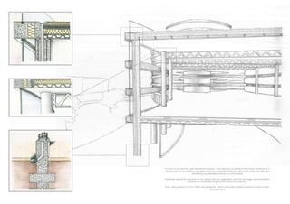 As part of my second year technical module, I was required to produce technical drawings of a
chosen part of my building. I decided to focus on the film making studio as this area had the most
interesting and detailed features I could explore.
The three technical moments of my design are the vegetated roof, the drainage and foundation
systems and the supporting truss to column connection.
Then, using research of my three unique details, I drew up scaled detailed sections of each area I
was exploring.
 