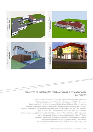  
 




                                                                                     Lar Conde de Sucena (Águeda) 
    Pólo Educativo  (Lourinhã) 




                                                                                           Retirement Home 
        Secondary School 




                                                                                                                                                          




                                                                                 
                                                                                                                                                          




                                                                                     Special School for Disabled Children 
    UCCI de Rovisco Pais (Cantanhede) 




                                                                                      Cermimac (Macedo de Cavaleiros) 
             Nursing Home 




                                                                                                                                                          
                                                                                 




 
 
 
 
 
 
 
 
 
 
                                               PROJECTOS DE INSTALAÇÕES EQUIPAMENTOS E SISTEMAS DE AVAC 
                                                                                                                                                                  HVAC PROJECTS 
 
                                                               Centro Educativo da Aveleira / Secondary School of Aveleira (1694 m2), Penacova 
                                                                 Pólo Educativo da Lourinhã / Secondary School of Lourinhã (3372 m2), Lourinhã 
                                                     Escola Básica de 2º e 3º Ciclos de Ribamar / Middle School of Ribamar (2511 m2), Lourinhã 
                                                Supermercado Flor da Primavera 2 / Supermarket Flor da Primavera (769 m2), Oliveira do Bairro 
                                          UCCI da Cruz Vermelha Portuguesa / Nursing Home of the Portuguese Red Cross (1861 m2), Vila Viçosa 
                                                                    UCCI de Rovisco Pais / Nursing Home of Rovisco Pais (2826 m2), Cantanhede 
                                         Centro de Apoio Social, Cultural e Recriativo O Mágico / Retirement Home O Mágico (1746 m2), Águeda 
                                                                   Loja do Cidadão de 2ª Geração de Chaves / Office Building (1617 m2), Chaves 
                                                               Cercimac / Special School for Disabled Children (1187 m2), Macedo de Cavaleiros 
                                                                        Centro de Alto Rendimento de Surf / Surf Sports Centre (723 m2), Aveiro 
                                                                   Lar Conde de Sucena / Retirement Home Conde de Sucena (3364 m2), Águeda 
                                                      


                                                                                                                      © Lutche Engenharia / Lutche Engineering | Julho de 2012 / July 2012 
 