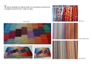 Reference 
Colour Abstraction 
Terry weave 
Basic Weave 
TAKING REFERENCE FROM STRUNG FLOWERS TO DEVELOP 
COORDINATED WOVEN STRUCTURES 
 