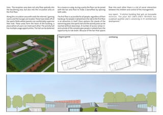 lines. The reception area does not only ﬂow spatially into     for a movie or a play, during a party the ﬂoor can be joined      ﬂow into each other there is a lot of social interaction
the bar/dining area, but also into the circulation area on     with the bar area ﬂoor to make a danceﬂoor by opening             between the children and control of the management.
the ﬁrst ﬂoor.                                                 both sides.
                                                                                                                                 Jury report: "A distinct building that gets an honorable
Along this circulation area with voids the internet / gaming   The ﬁrst ﬂoor is accessible for all people, regardless of their   mention. The plan NO LIMTS:ON LY FR I EN DS has
rooms and the lounges are located. These have views off all    handicap. For people in wheelchairs the ride to the ﬁrst ﬂoor     sculptural qualities and is convincing in it's architectural
the sports ﬁelds where parents can comfortably supervise       is an attraction in itself. Once upstairs the stands of the       development."
their kids. These areas form the heart of the building, a      swimming pool, the sports hall and the activity area can be
place where all users can meet each other. The activity hall   reached without doorsteps. A number of access ramps in-
has multiple usage opportunities. The hall can be darkened     and outside of the complex give people in wheelchairs the
                                                               opportunity to ride down. Because of the fact that spaces


                                                                begane grond                                                     verdieping
 