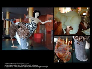 Installatie “Theaterdier”, ontwerp en uitvoer.
Gemengde technieken. Afm. Circa 1.86 hoog, 2 meter lang.
In opdracht van Bureau Promotie Podiumkunsten voor de Jeugdtheaterdagen.
 