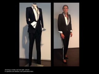 Smoking in wollen stof met zijde. Uitvoer.
In opdracht van SheSuit, voor particuliere klant.
 