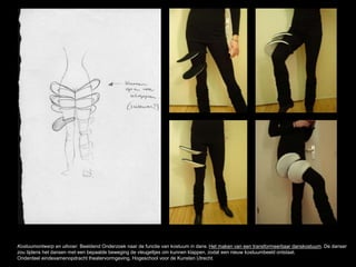 Kostuumontwerp en uitvoer. Beeldend Onderzoek naar de functie van kostuum in dans. Het maken van een transformeerbaar danskostuum. De danser
zou tijdens het dansen met een bepaalde beweging de vleugeltjes om kunnen klappen, zodat een nieuw kostuumbeeld ontstaat.
Onderdeel eindexamenopdracht theatervormgeving, Hogeschool voor de Kunsten Utrecht.
 