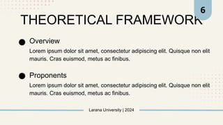 THEORETICAL FRAMEWORK
Larana University | 2024
Overview
Proponents
Lorem ipsum dolor sit amet, consectetur adipiscing elit. Quisque non elit
mauris. Cras euismod, metus ac finibus.
Lorem ipsum dolor sit amet, consectetur adipiscing elit. Quisque non elit
mauris. Cras euismod, metus ac finibus.
6
 