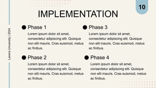 IMPLEMENTATION
Phase 1
Lorem ipsum dolor sit amet,
consectetur adipiscing elit. Quisque
non elit mauris. Cras euismod, metus
ac finibus.
Larana
University
|
2024
Phase 2
Lorem ipsum dolor sit amet,
consectetur adipiscing elit. Quisque
non elit mauris. Cras euismod, metus
ac finibus.
Phase 3
Lorem ipsum dolor sit amet,
consectetur adipiscing elit. Quisque
non elit mauris. Cras euismod, metus
ac finibus.
Phase 4
Lorem ipsum dolor sit amet,
consectetur adipiscing elit. Quisque
non elit mauris. Cras euismod, metus
ac finibus.
10
 
