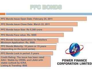 PFC Bonds Issue Open Date: February 24, 2011

PFC Bonds Issue Close Date: March 22, 2011

PFC Bonds Issue Size: Rs 5,300 crore

PFC Bonds Face value: Rs. 5000

PFC Bonds Issue Application for Retailers
Minimum Application: Rs. 5000
                                               MR.SATNAM SINGH (CHAIRMAN AND
PFC Bonds Maturity: 10 years or 15 years       MANAGING DIRECTOR)
(depending on the bond series)
PFC Bonds Lock in period: 5 years
Credit Rating: The issue has been rated
AAA / Stable by CRISIL and LAAA with
stable outlook by ICRA.
Listing & Tranding: BSE
 