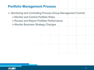 Portfolio Management Process
 Monitoring and Controlling Process Group Management Control
 Monitor and Control Portfolio Risks
 Review and Report Portfolio Performance
 Monitor Business Strategy Changes

12

 