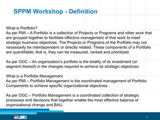 SPPM Workshop - Definition
What is Portfolio?
As per PMI – A Portfolio is a collection of Projects or Programs and other work that
are grouped together to facilitate effective management of that work to meet
strategic business objectives. The Projects or Programs of the Portfolio may not
necessarily be interdependent or directly related. These components of a Portfolio
are quantifiable; that is, they can be measured, ranked and prioritized.
As per OGC – An organization’s portfolio is the totality of its investment (or
segment thereof) in the changes required to achieve its strategic objectives.
What is a Portfolio Management
As per PMI – Portfolio Management is the coordinated management of Portfolio
Components to achieve specific organizational objectives.
As per OGC – Portfolio Management is a coordinated collection of strategic
processes and decisions that together enable the most effective balance of
organizational change and BAU.
3

 