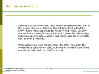 Market Secret www.marketsecret.net
CHAPTER 9 – The Capital 
Asset Pricing Model (CAPM)
9 - 30
Security market line
 Security market line or SML (also known as characteristic line) is 
the graphical representation of Capital Asset Pricing Model or 
CAPM. Know more about Capital Asset Pricing Model. Security 
market line is a straight sloppy line which gives the relationship 
between expected rate of return and market risk (or systematic 
risk) of over all market.
 When used in portfolio management, the SML represents the 
investment's opportunity cost (investing in a combination of the 
market portfolio and the risk-free asset).
 