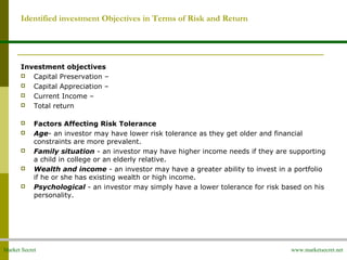Market Secret www.marketsecret.net
Identified investment Objectives in Terms of Risk and Return
Investment objectives
 Capital Preservation –
 Capital Appreciation –
 Current Income –
 Total return
 Factors Affecting Risk Tolerance
 Age- an investor may have lower risk tolerance as they get older and financial
constraints are more prevalent.
 Family situation - an investor may have higher income needs if they are supporting
a child in college or an elderly relative.
 Wealth and income - an investor may have a greater ability to invest in a portfolio
if he or she has existing wealth or high income.
 Psychological - an investor may simply have a lower tolerance for risk based on his
personality.
 