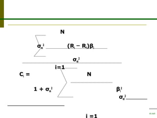 Market Secret www.marketsecret.net
NN
σσmm
22
(R(Rii R─ R─ ff)β)βii
σσeiei
22
i=1i=1
CCii = N= N
1 + σ1 + σmm
22
ββii
22
σσeiei
22
i =1
 