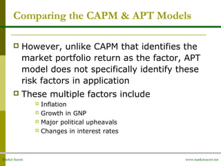 Market Secret www.marketsecret.net
Comparing the CAPM & APT Models
 However, unlike CAPM that identifies the
market portfolio return as the factor, APT
model does not specifically identify these
risk factors in application
 These multiple factors include
 Inflation
 Growth in GNP
 Major political upheavals
 Changes in interest rates
 