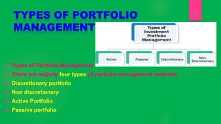  Types of Portfolio Management
 There are majorly four types of portfolio management methods:
 Discretionary portfolio
...