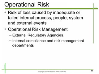 Operational Risk Risk of loss caused by inadequate or failed internal process, people, system and external events.  Operational Risk Management External Regulatory Agencies Internal compliance and risk management departments 