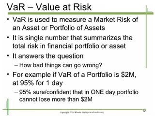 VaR – Value at Risk VaR is used to measure a Market Risk of an Asset or Portfolio of Assets It is single number that summarizes the total risk in financial portfolio or asset It answers the question How bad things can go wrong? For example if VaR of a Portfolio is $2M, at 95% for 1 day 95% sure/confident that in ONE day portfolio cannot lose more than $2M 